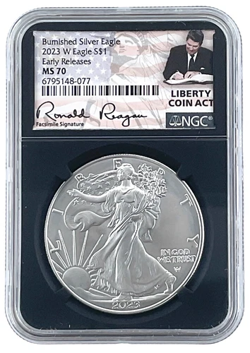 2023 W Burnished Silver Eagle NGC MS70 - ER - Black Core Liberty Coin Act Label