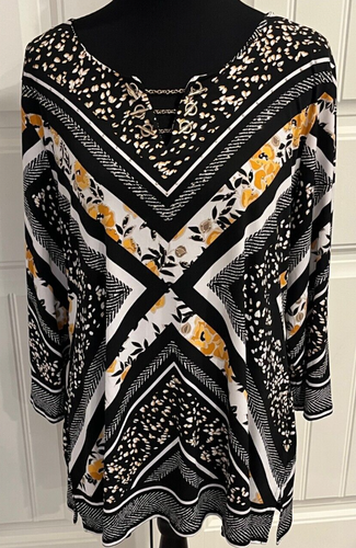 JM Collection XL Women's Black & Gold Geometric Floral Tunic Top w Chain Detail