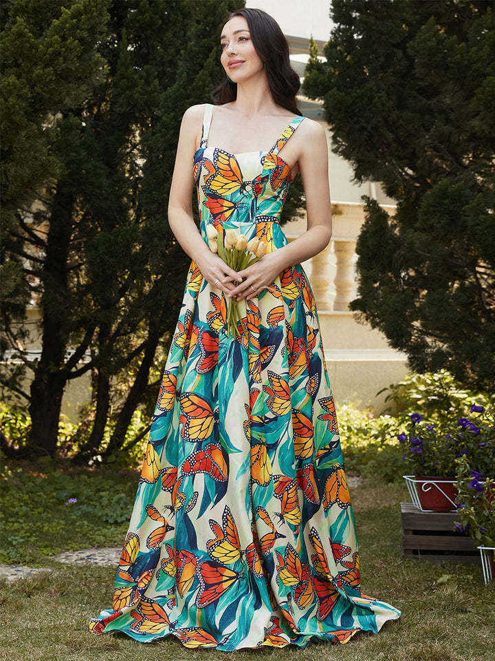 butterfly print long dress Sleeveless Glitter Butterfly Print Corset Gown by Juliet 2413