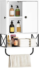 Farmhouse Bathroom Wall Cabinet with Towel Rack and Adjustable Shelves, White