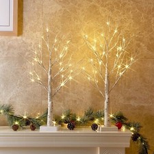 2FT Birch Tree LED Lights TIMER Tree Lamp Home Indoor Table Mantel Battery 2 Pk