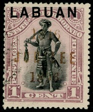 LABUAN SG83eb, 1c black & grey-mauve, USED. Cat &pound;200. OPT ORANGE