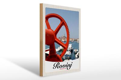 Holzschild Reise 30x40 cm Rovinji Kroatien Boote rot Haus