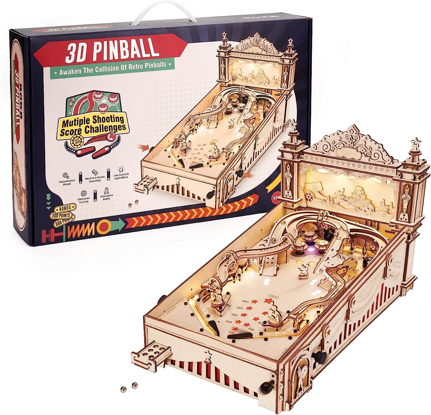 ROKR Pinball Machine 3D Wooden Puzzle Amusing Table Game Toy Gift for Kid Teen