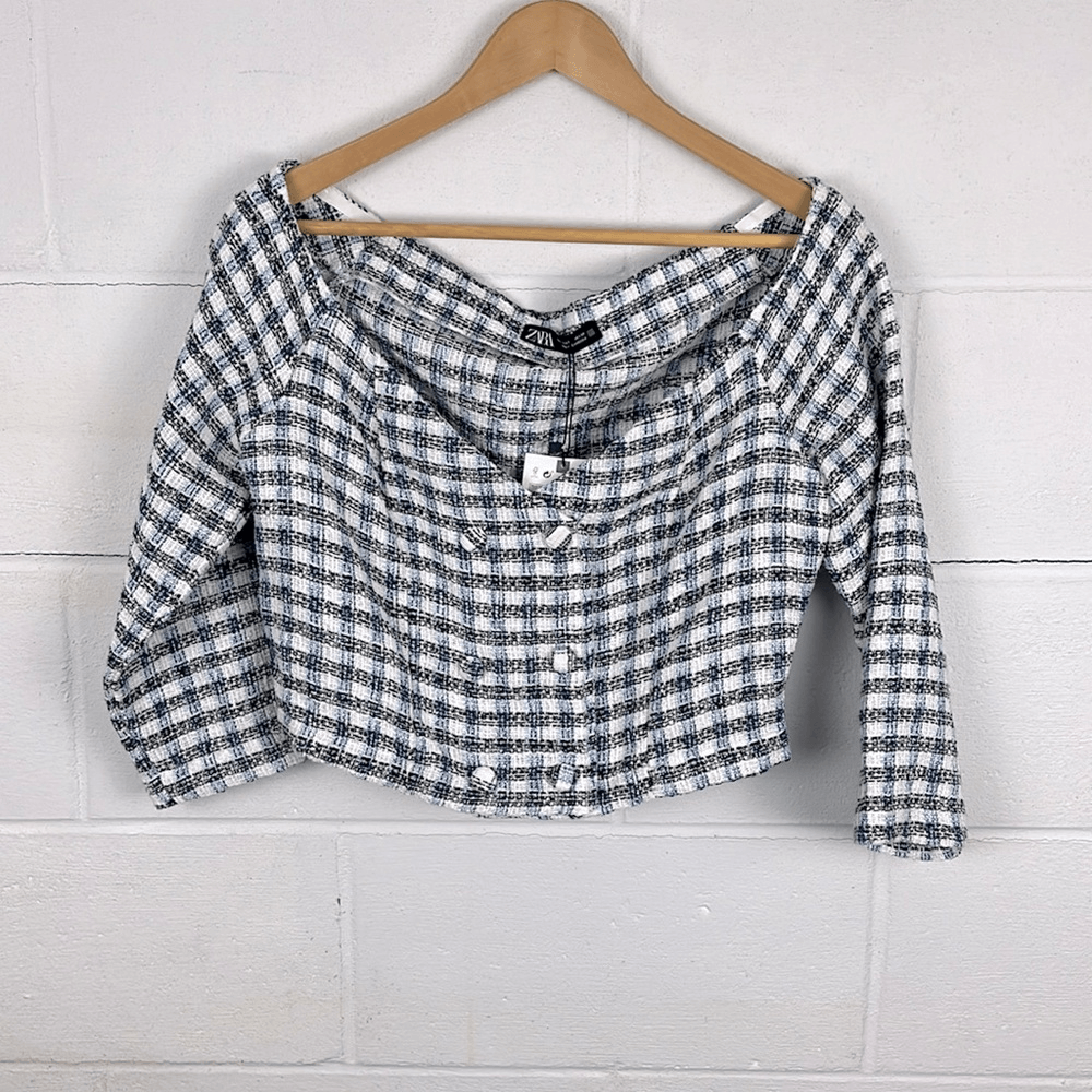 トップス off shoulder tweed crop tops Zara NWT tweed off the shoulder crop top | eBay