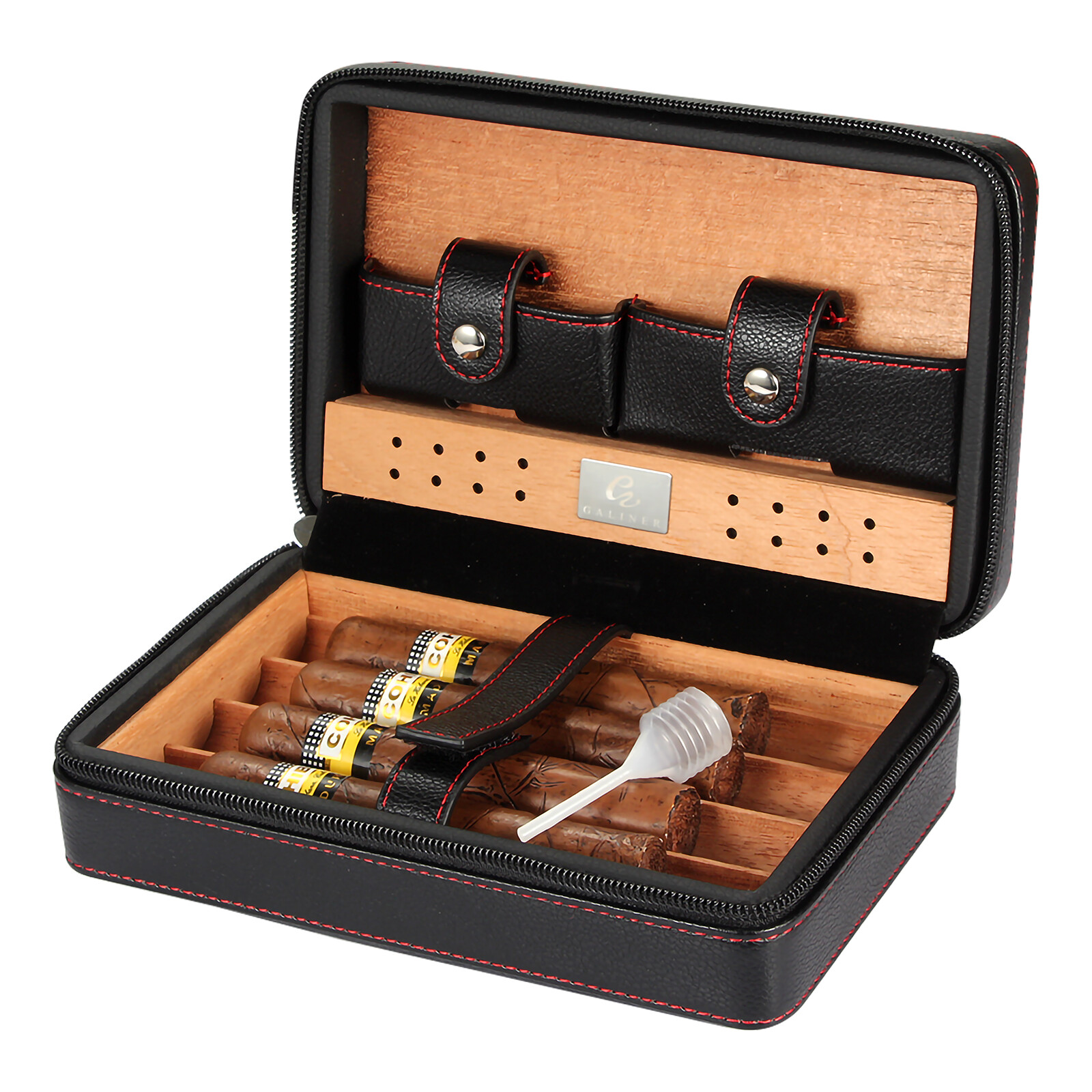 Galiner Black Leather Cedar Wood Cigar Case Humidor 4 Count Protable
