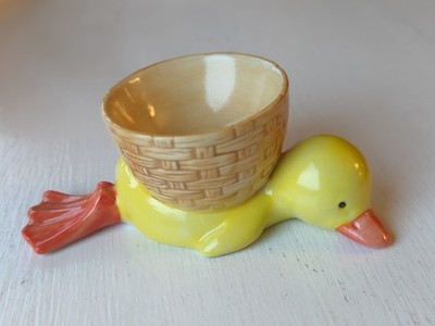 Yellow Duck with Basket Egg Cup Holder Figurine Ceramic Easter Spring Decor 