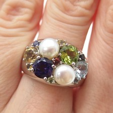 925 Sterling Silver Vintage Real Pearl  Multi-Color Gem Cluster Ring Size 9.25