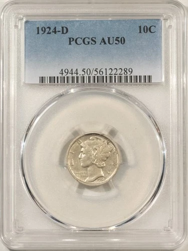 1924-D MERCURY DIME - PCGS AU-50, WHITE & FLASHY!