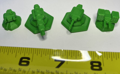 4 Different Battlemech Turret Game Pieces, Green, 3D Printed, 100% Solid Infill