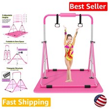 Adjustable Gymnastics Bar for Kids Pink 5-Level Height 145lb Capacity Mat