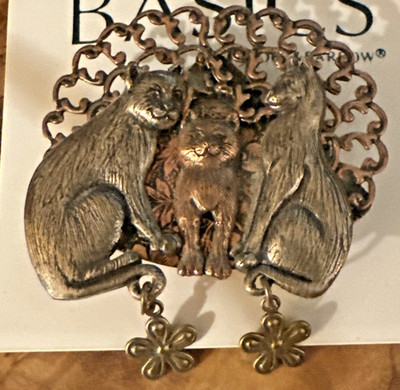 Croft & Barrow 2 Tone Trio of Cats Brooch Pin Silver Copper Metal NWP Gift