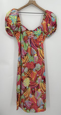 Farm Rio Dress Womens Large Yellow Pink Floral Midi Tropical Vacation Colorful