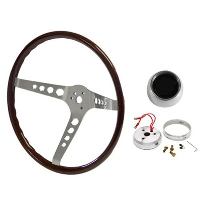 Woodgrain Steering Wheel Kit 14'' 3-Bolt Walnut Mustang 65-66 w/ Polished Horn...