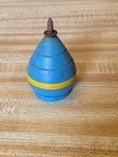 Vintage 1950s Wooden Spinning Top Hand Painted Blue Yellow Folk Art Toy