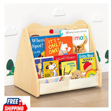 Kids Bookshelf Pine Wood Double-Sided Toy Storage Montessori Bookcase Toddler