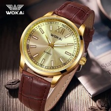 Wokai Gents  Mans Quartz Watch Golden dial Brown leather strap Birthday Present