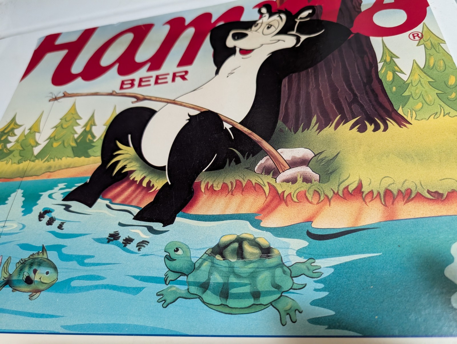 Vintage Hamm's Beer Cardboard Counter Sign Display W Bear Fishing 