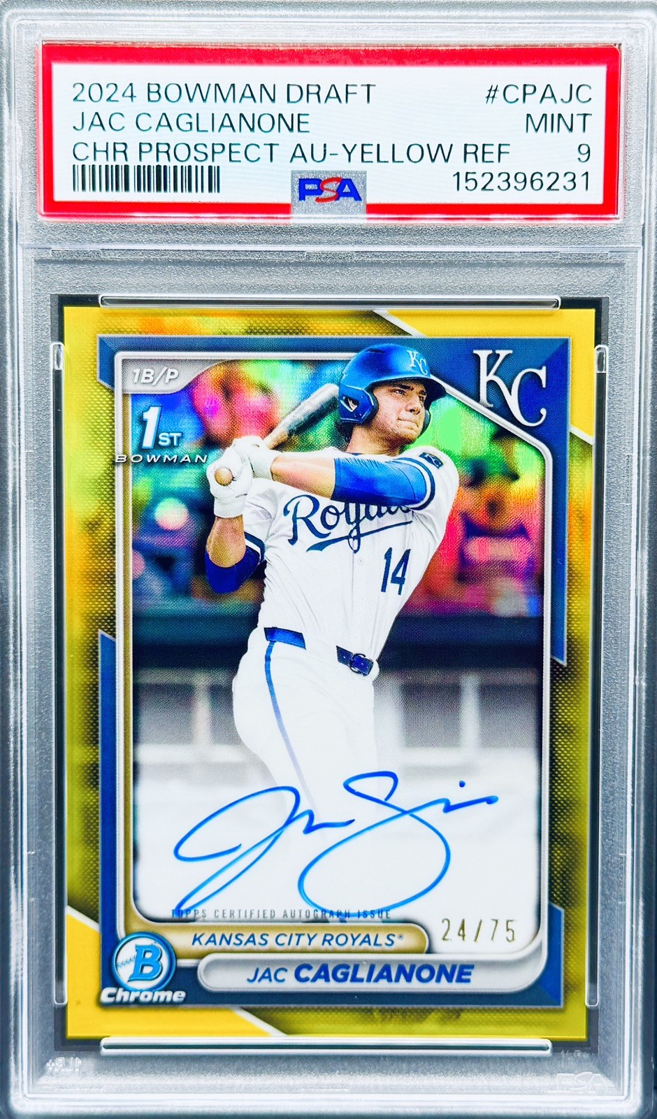 2024 Jac Caglianone Bowman Chrome Yellow Refractor /75 Auto RC 1st PSA 9 CLEAN!