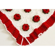 Crochet Handmade Rose Floral Baby Blanket Afghan 44" x 57" Red  White