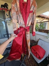 Vintage Quality Silk Smoking Jacket Robe Scarlet Red Fringe Belt Asian Accent  