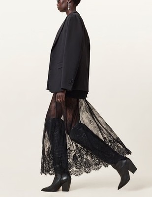NEW AllSaints Arran Sheer Lace Embroidered Ankle Length Maxi Skirt- Black - 6 US