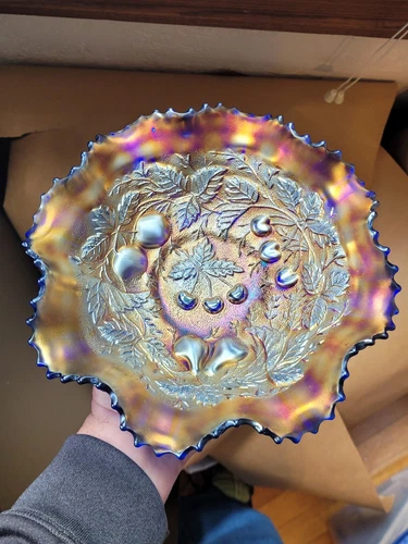 Pretty Stippled Blue Northwood Carnival Glass Three Fruits Stippled Bowl