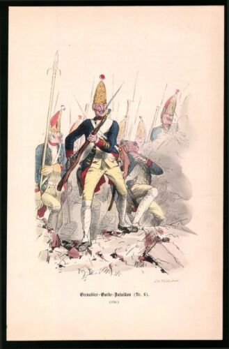 Wood Engraving 6. Grenadier-Garde-Bataillon, Beim Battle 1756, Old Coloured - Picture 1 of 2