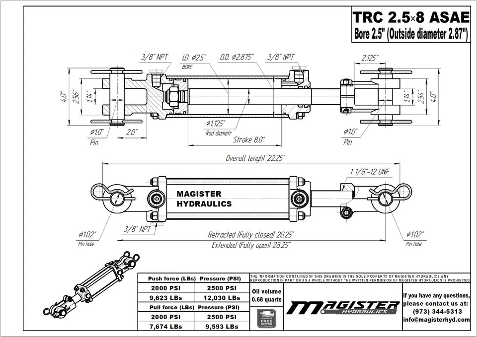 Hydraulic Cylinder Tie Rod Double Action 2.5" Bore 8" Stroke 2500 PSI 2.5x8ASAE - Image 4 of 4