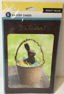 NISP American Greetings Easter Cards Lot (6) Glittery Chocolate Bunny in Basket 