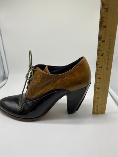 True Religion Mixed Leather 8M Lace-Up Ankle Boots Chocolate/Camel Cone Heel - Picture 17 of 19