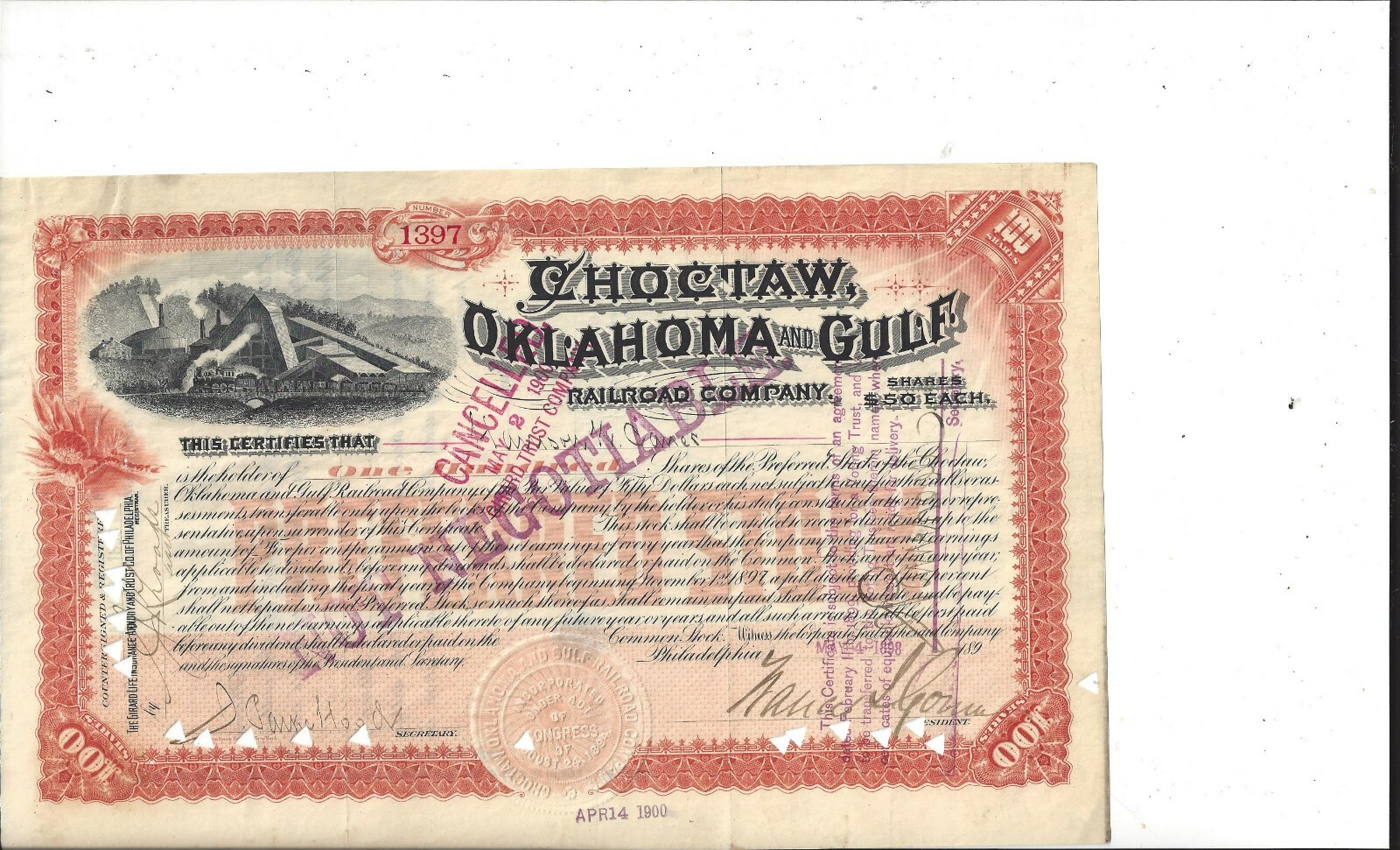 CHOCTAW, OKLAHOMA AND GULF RAILROAD COMPANY....1898 PREFERRED STOCK