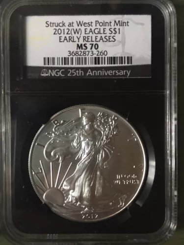 2012 West Point (W) SILVER EAGLE NGC MS70 BLACK 25th Anniversary Early ER