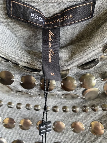 BCBGMaxazria NWT Silk Tiered Cap Sleeve Cowl Neck Studded Dress Gray Medium - Picture 10 of 11