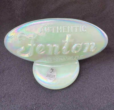 Fenton Dealer Logo Sign - Sea Mist Green Iridized w/ stickers