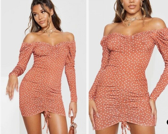 terracotta polka dot ruched front long sleeve bodycon dress PRETTYLITTLETHING Women's NWT Terracotta Polka Dot Ruched Bodycon Dress 4