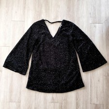 NWT ASOS black tinsel smock size 8 mini babydoll party dress v neck bell sleeve