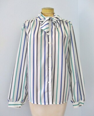 Vtg 70s 80s Blue Green Stripe Silky Secretary Blouse Top Pussy Bow Puff Slvs 20