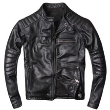 Men s Motorcycle Genuine Sheepskin Leather Jacket Cafe Racer Biker Black Jacket