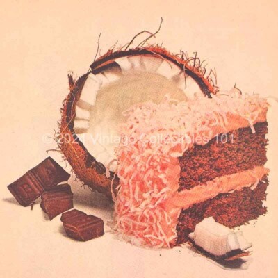 1962 Baker's Chocolate Coconut Angel Food Cake Kitchen art decor vintage ad