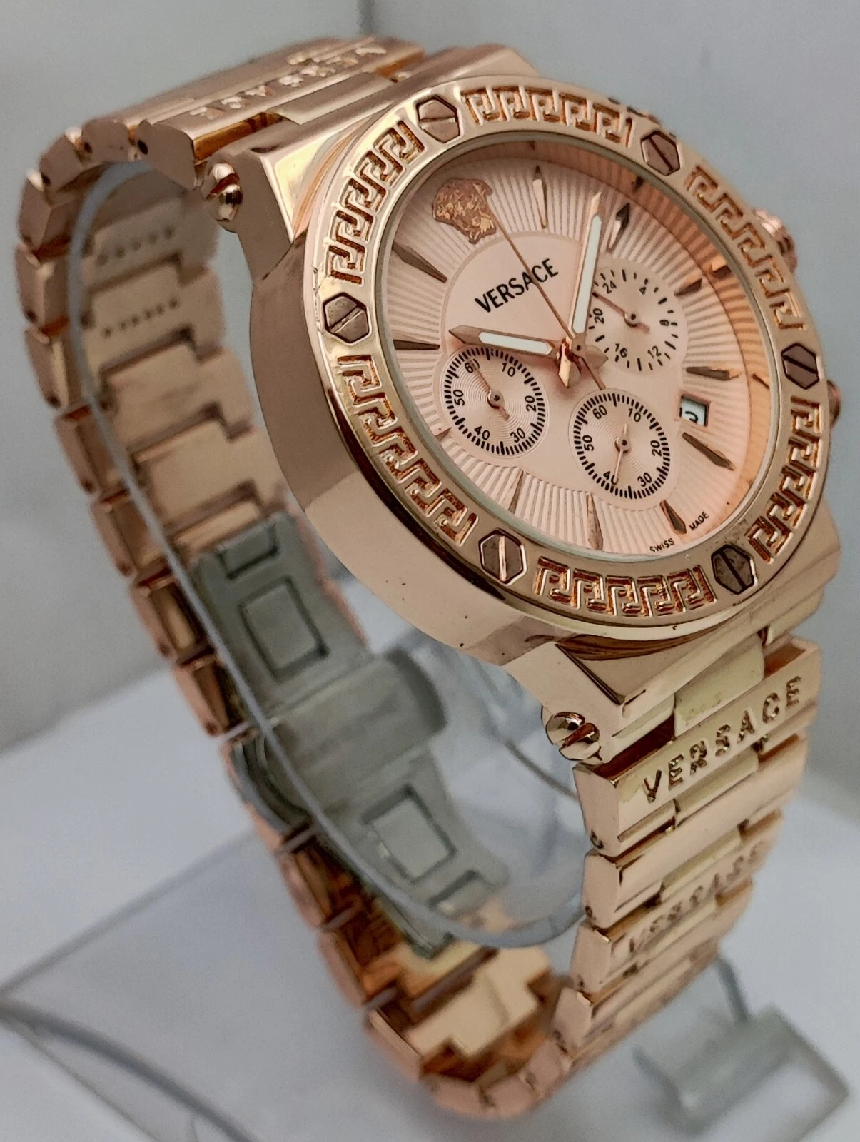 Orologio Da Polso Lusso Versace Cronografo Uomo Quadrante Bronzo Cinturino Acciaio Inox Quarzo