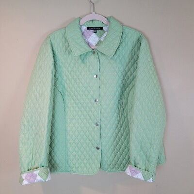 #ad Briggs New York Quilted Jacket Womens 18W Green Snap Front Collared Lightweight $12.60