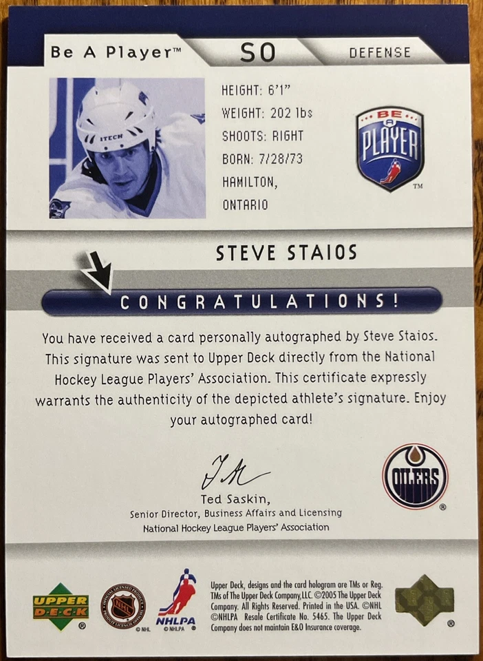 2005-06 Be A Player Signatures Steve Staios #SO Edmonton Oilers - Image 2 of 2