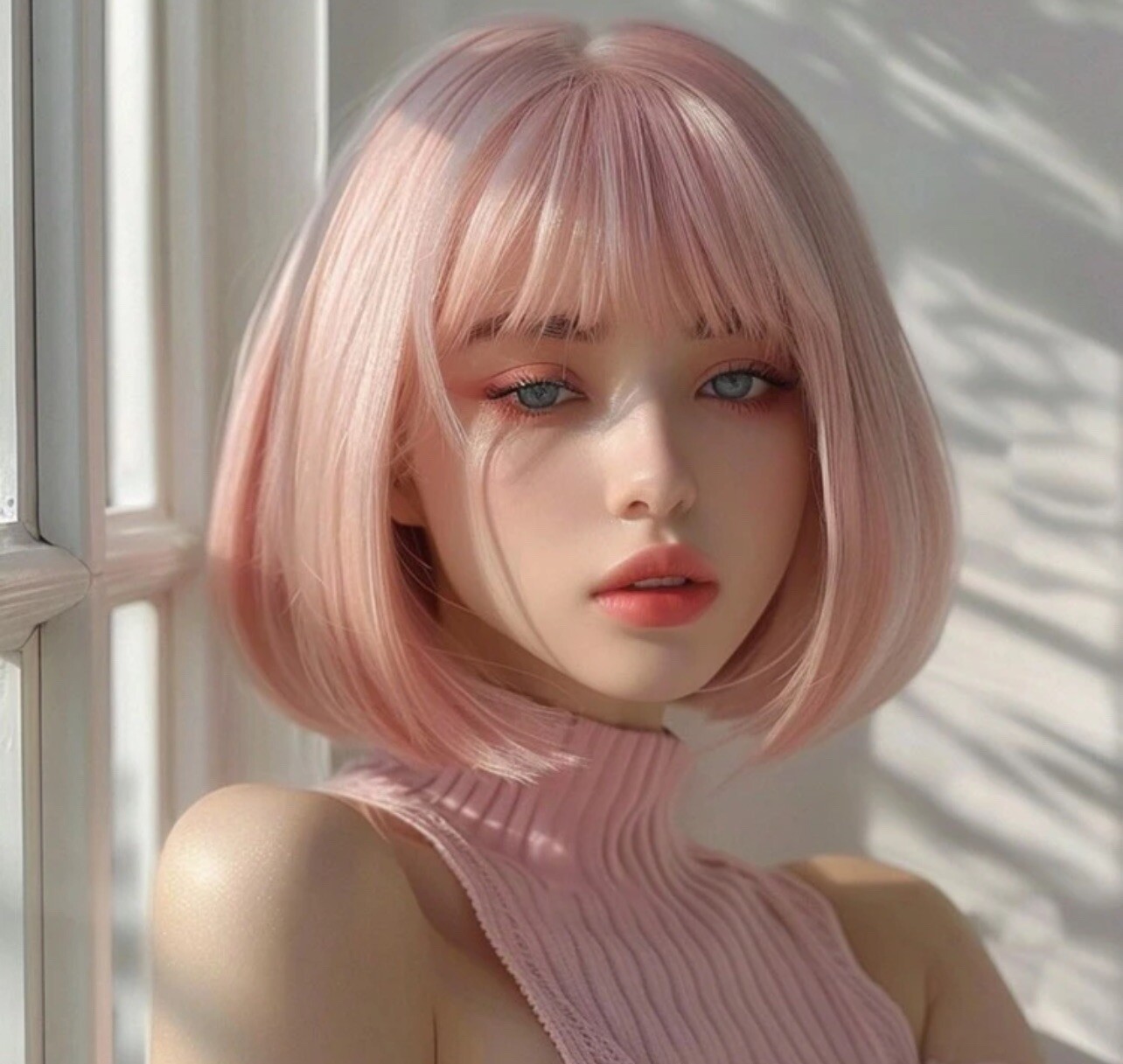 Perruque synthétique rose courte 30cm avec frange droite et fibre lisse haute résistance