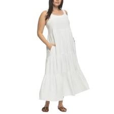 Felina Women's Tiered Maxi Pockets Sleeveless Relaxed Fit Dress, White, Medium