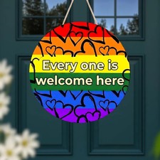 everyone is welcome here rainbow Wooden Sign with Rope