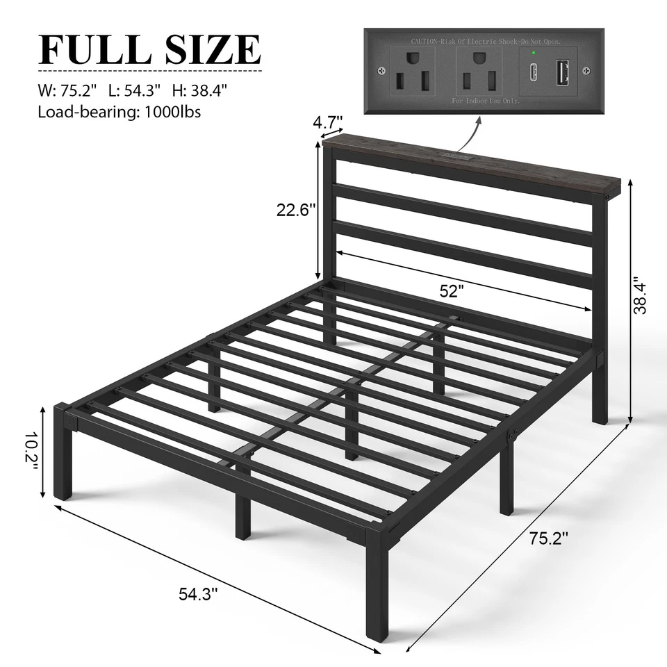 Marco de cama de metal tamaño completo/queen con cabecero de almacenamiento, estación de carga y LED Foto 4 de 4