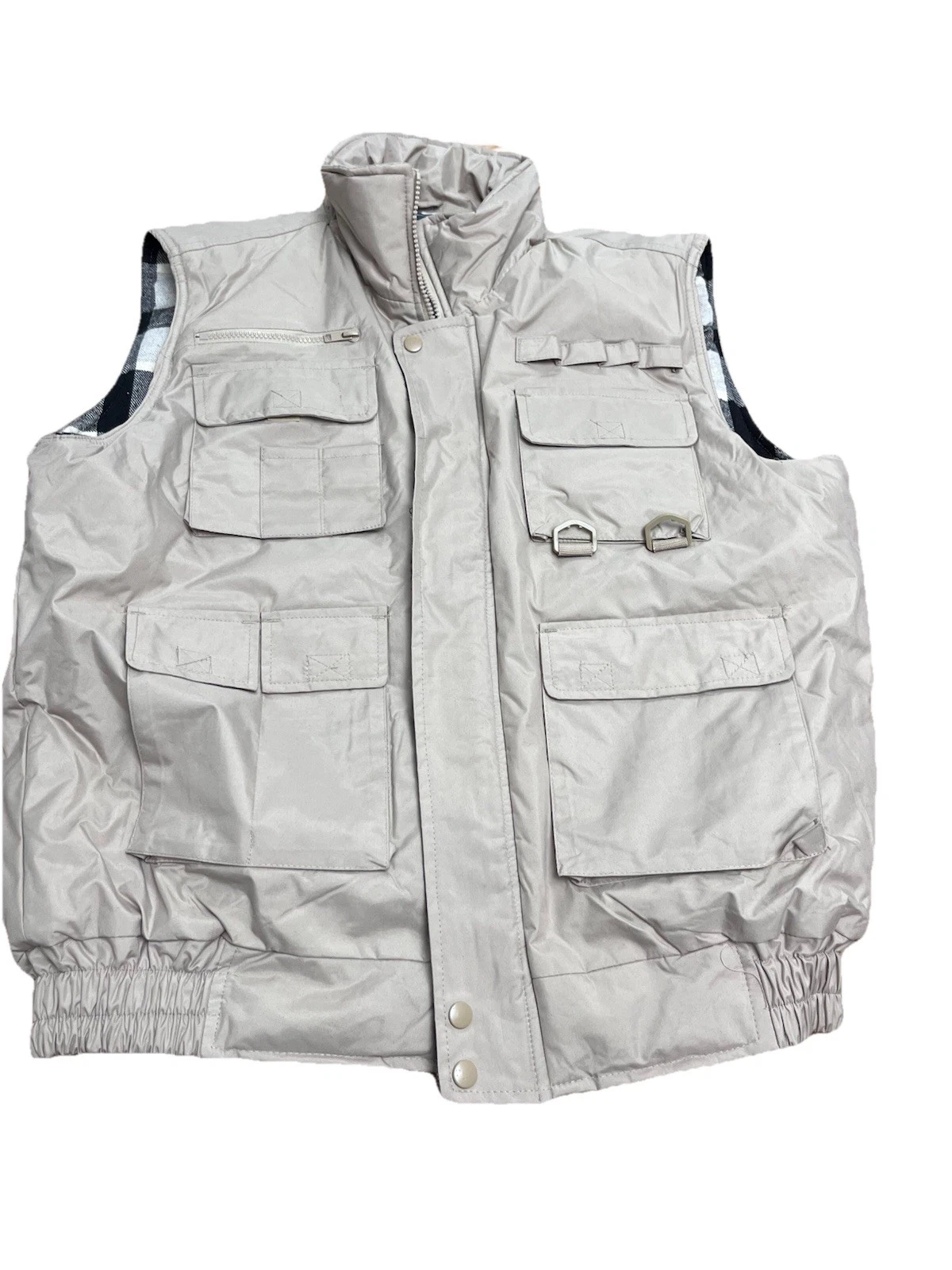 Maxxsel Mens Utility Vest Size L Tan Khaki Plaid Lined Fishing Hunting Outdoor