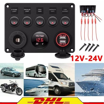5 Gang Rot LED Rocker Schaltpanel Kippschalter Voltmeter USB 12V 24V for RV Boot