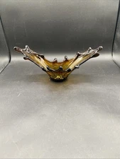 Vtg Stretched Hand Blown Art Glass Bowl Amber Swirl Scalloped Edge 14x 5”